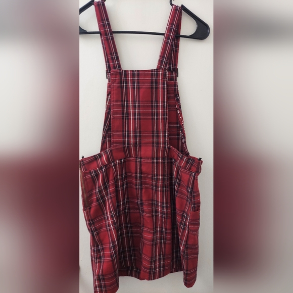 Forever 21 Red Plaid Coverall Mini Dress with Buckle Straps - Picture 2 of 5